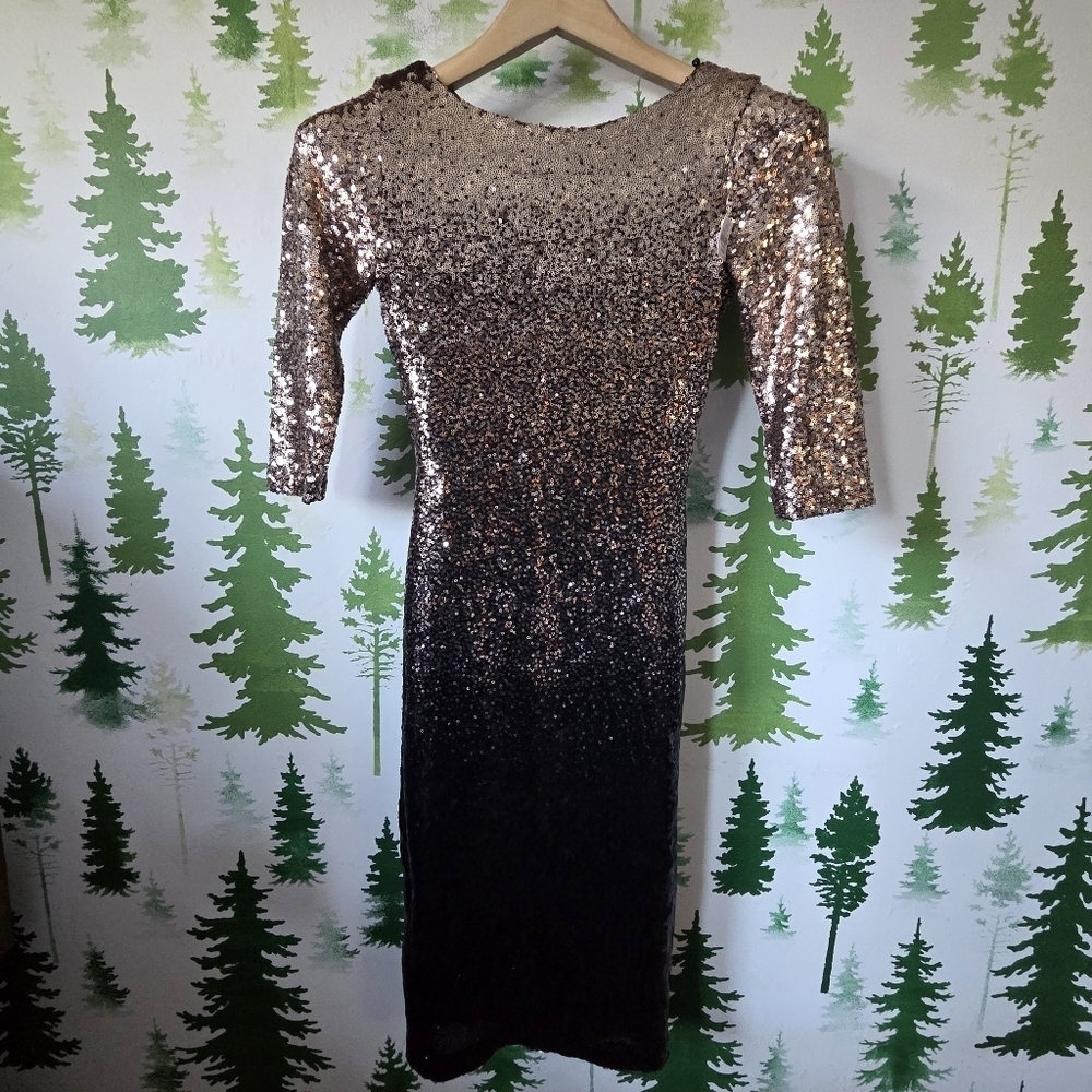 Premier Amour Gold and Black Long Sleeve Ombre Dress